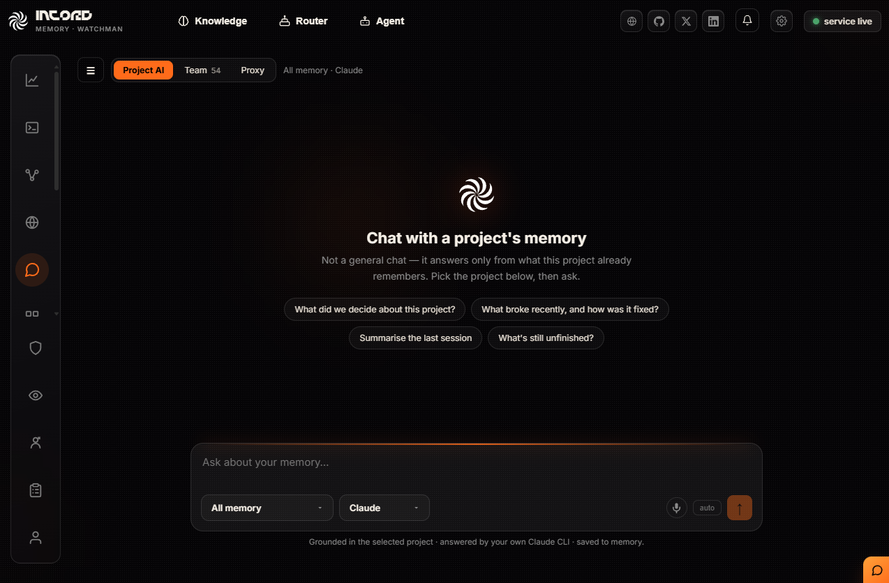 Chat with a project's memory, offering starter questions about decisions and unfinished work