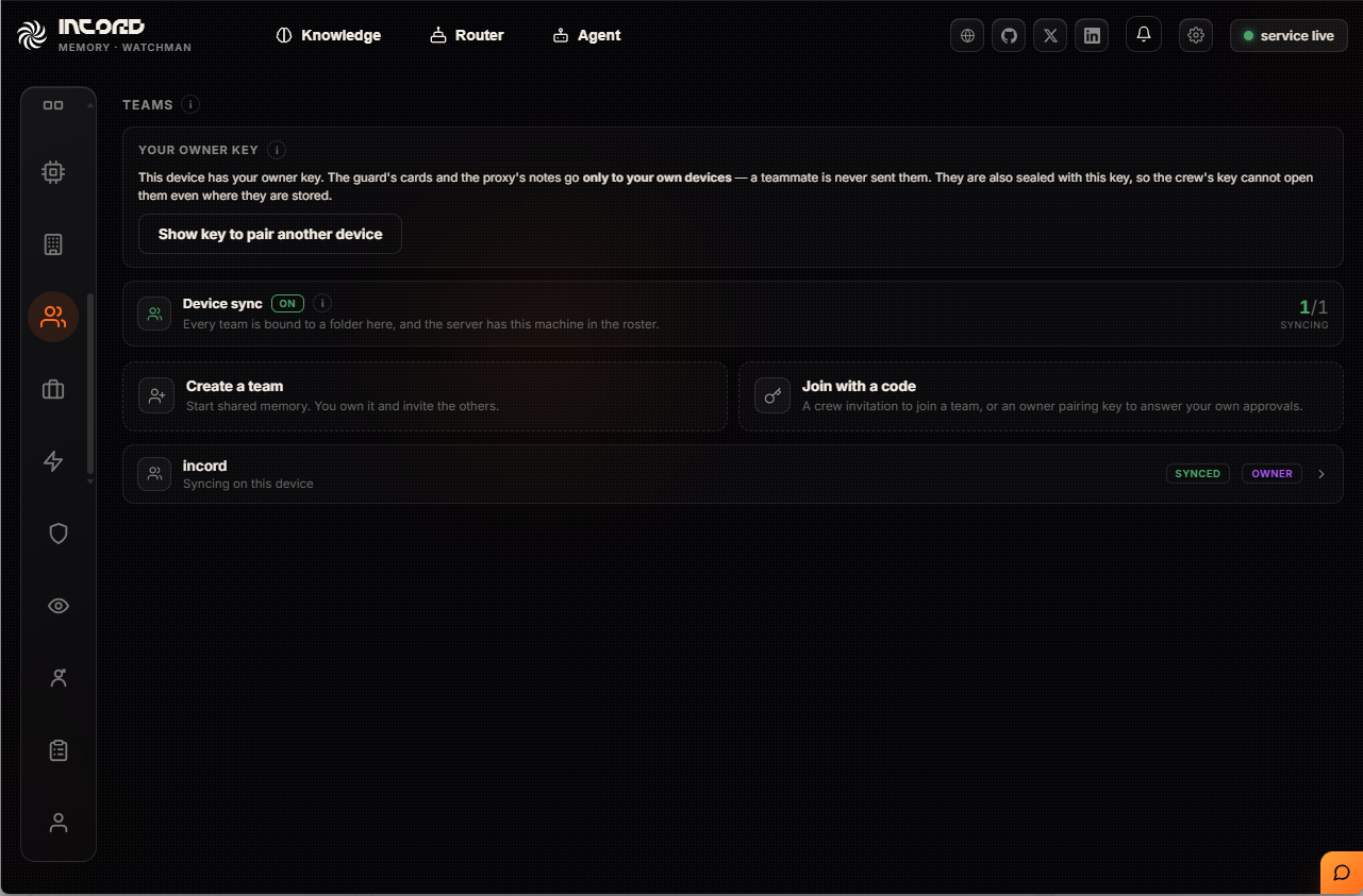 The Teams page showing the owner key, device sync, and options to create a team or join with a code