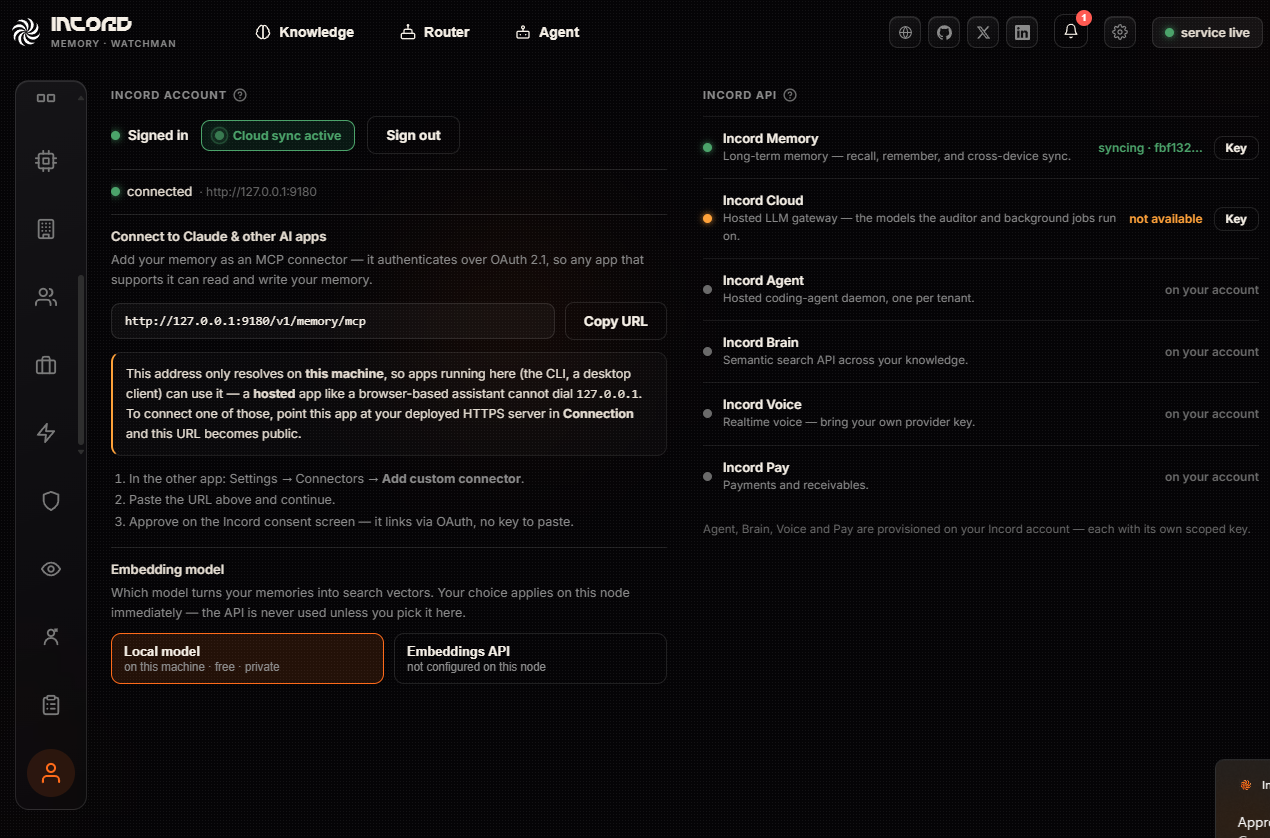 The Account page: sign-in and sync state, the MCP connector URL for other AI apps, the embedding model choice, and which Incord services are provisioned