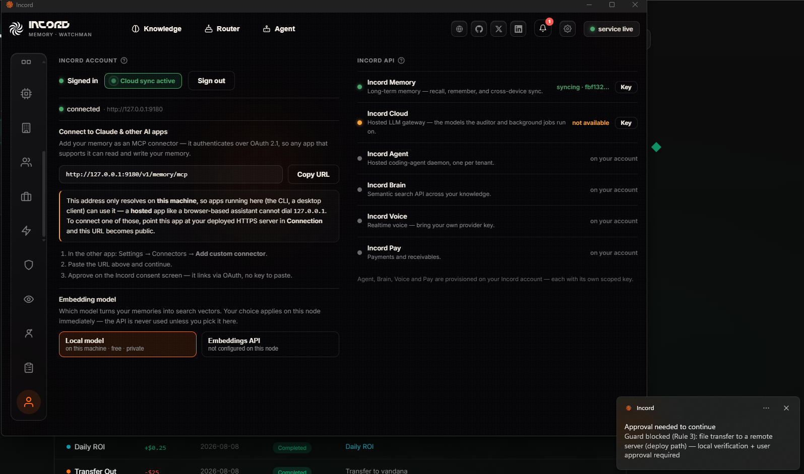 A desktop notification raised by the guard: approval needed to continue, naming the rule that blocked it and the exact reason